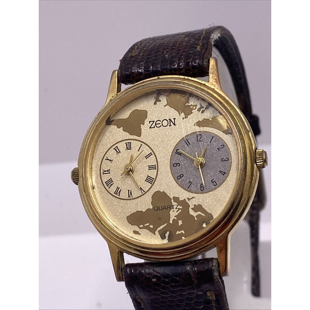 Zeon Mens Dual Time Rare Gold Tone Watch Works New Batteries